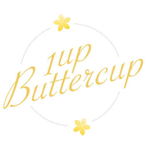 1 up Buttercup logo, text with 2 yellow flowers and